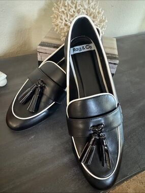 Rag & Co Black Tassel Loafers with White Trim
